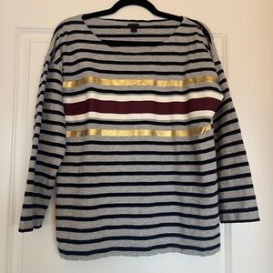 EUC! | J.CREW 3/4 Sleeve Striped Shirt Heather Gray Navy Gold Metallic, Size L ✨